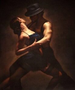 A painting of two people dancing in the dark.